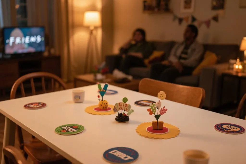 好友观赛主题夜：茶几上整齐的杯垫与小物布置，人们在温暖灯光下举杯观看比赛
