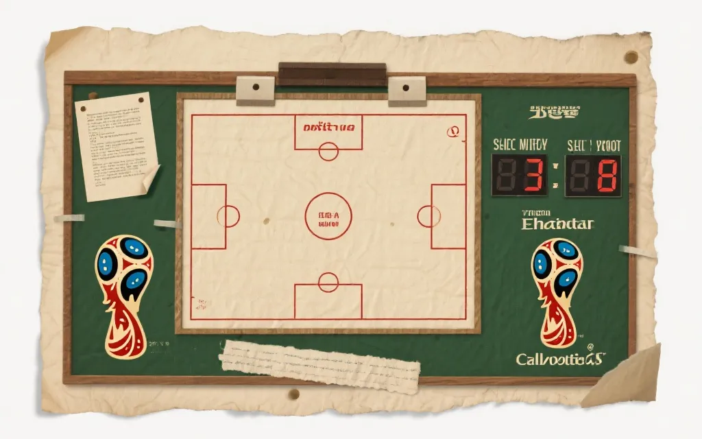 复古风世界杯决赛战术板与比分牌元素拼贴，纸张质感，理性分析氛围